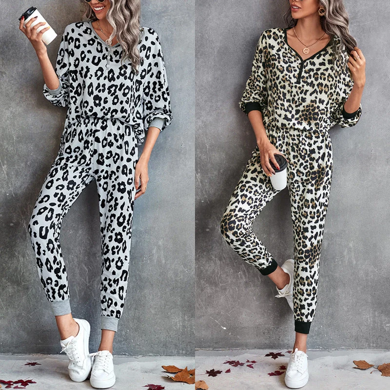 Damen Leo-Print Jogginganzug mit breitem Taillenbund und modischen Bündchen