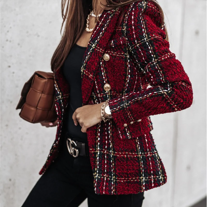 Blazer Taillierte Passform Tweed Doppelreiher Kariertes Muster