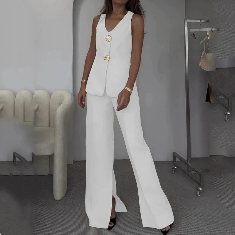 Damen elegantes Hosenanzug-Set mit tailliertem Blazer und weit geschnittenen Hosen