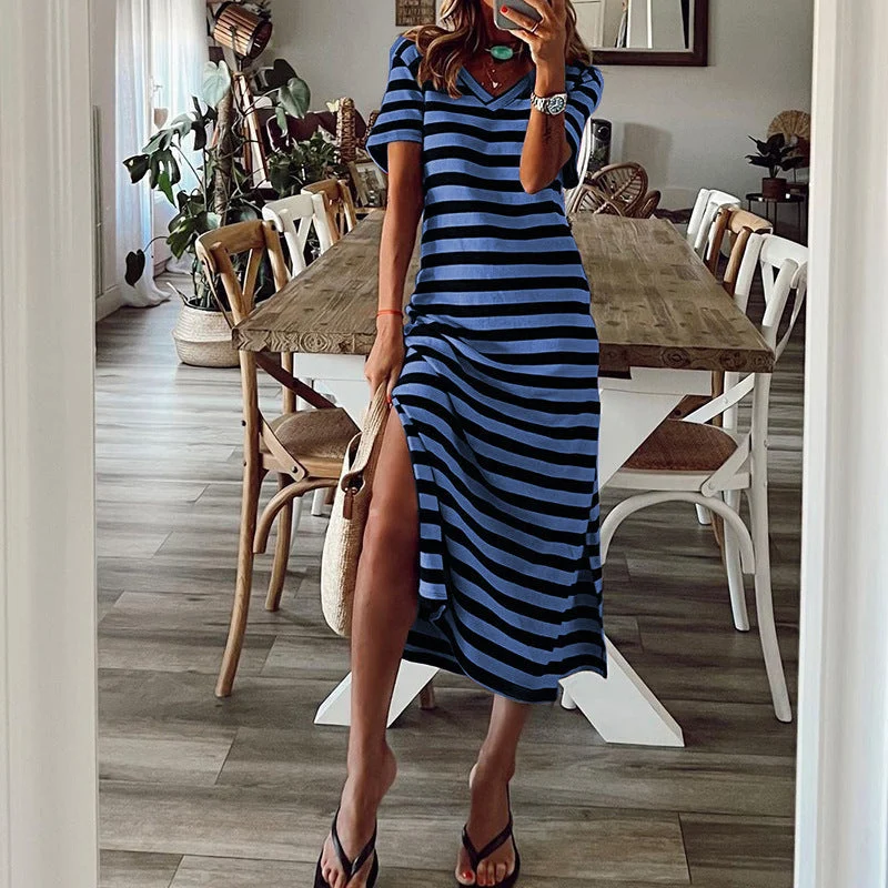 Damen Maxikleid mit tiefem Seitenschlitz und modischem Streifenmuster