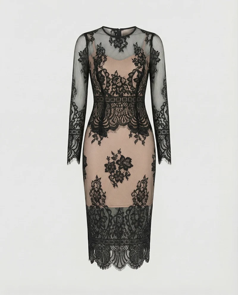 Damen Schmale Illusions-Optik Spitze Spitzenkleid