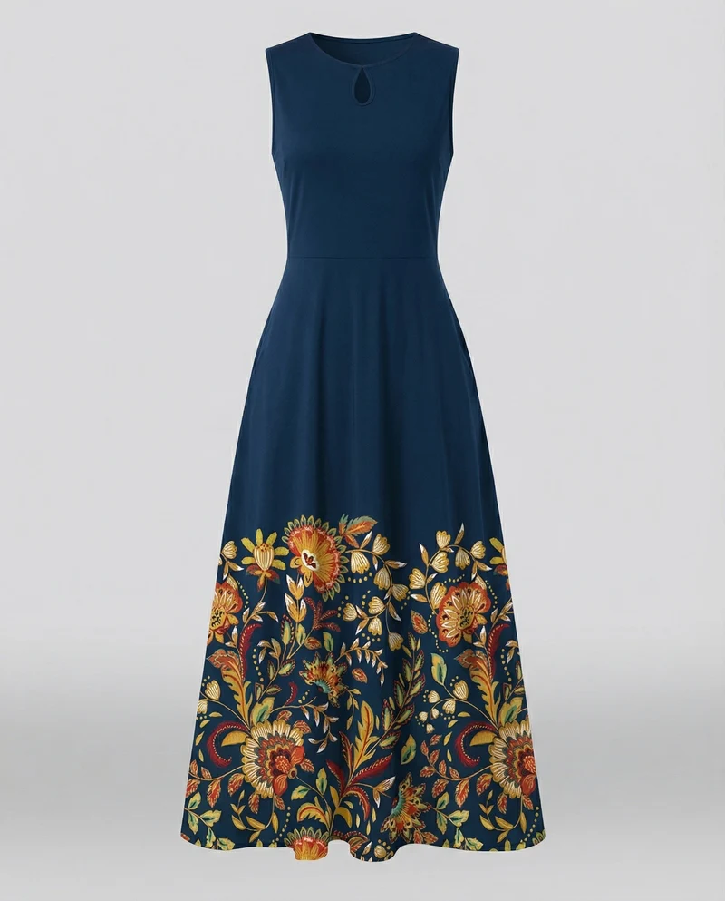 Damen Romantische Florale Bordürenapplikation MischgewNord Taschene A-Linien-Maxikleid