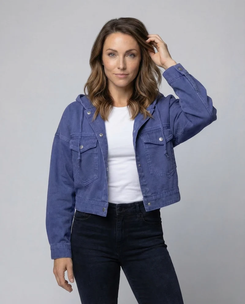Damen Jeansjacke Kurz Kapuze
