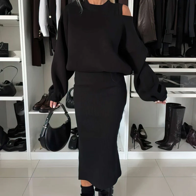 Satz mit Cold Shoulder Top und Midi Rock