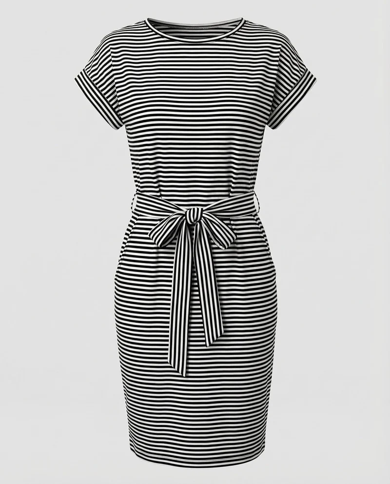Damen Gestreifte Taillenschleife Shirtkleid