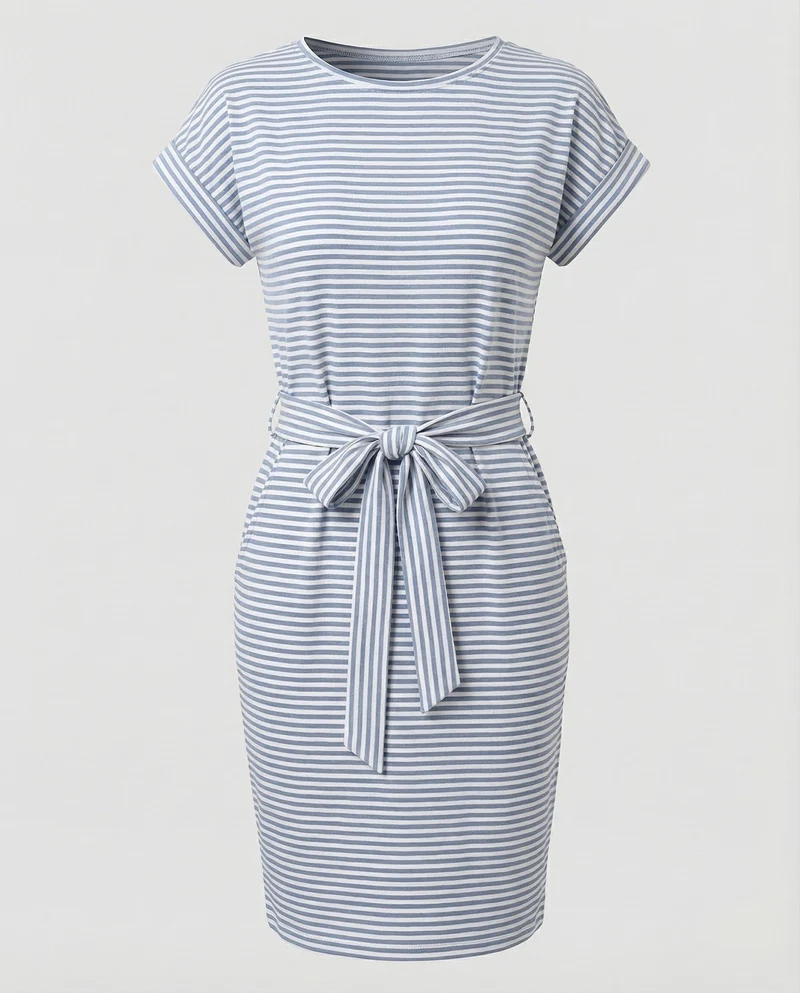 Damen Gestreifte Taillenschleife Shirtkleid