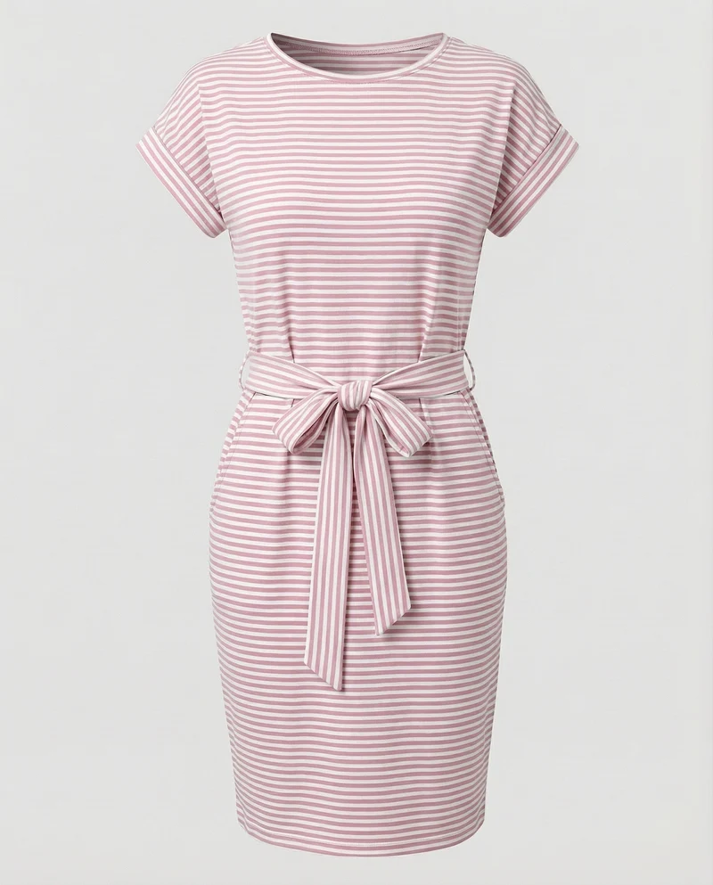 Damen Gestreifte Taillenschleife Shirtkleid