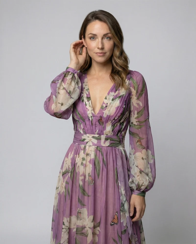 Damen Chiffon-Maxikleid mit Ballonärmeln