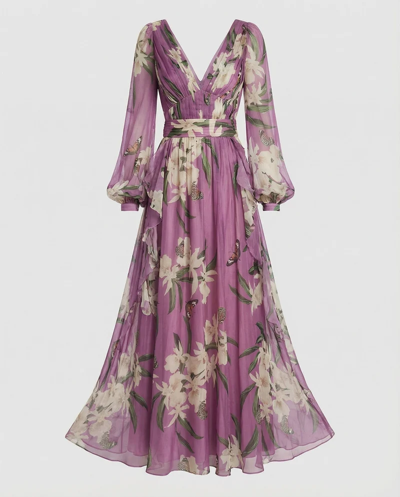 Damen Chiffon-Maxikleid mit Ballonärmeln