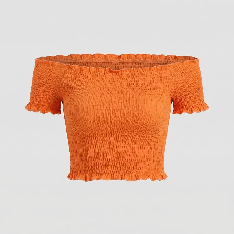 Damen Off-Shoulder-Oberteil Gerafft Rüschenabschluss