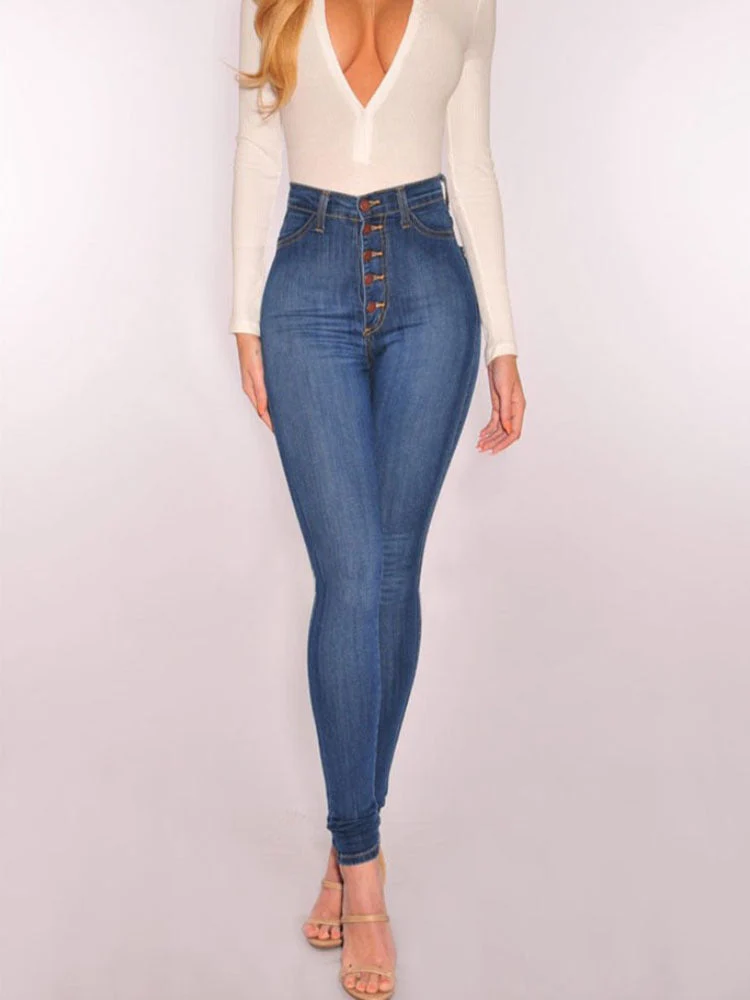 Damen High-Waist Skinny-Jeans mit Knopfdesign und figurbetontem Schnitt