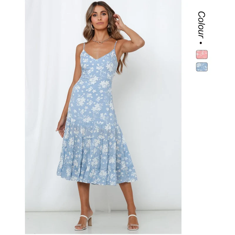 Damen Midi-Kleid mit floralen Rüschen und schwingendem Rock Nord Taschen