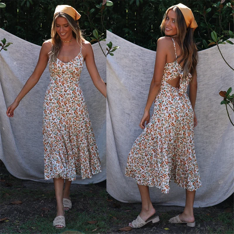 Damen Midi-Kleid mit floralen Rüschen und schwingendem Rock Nord Taschen