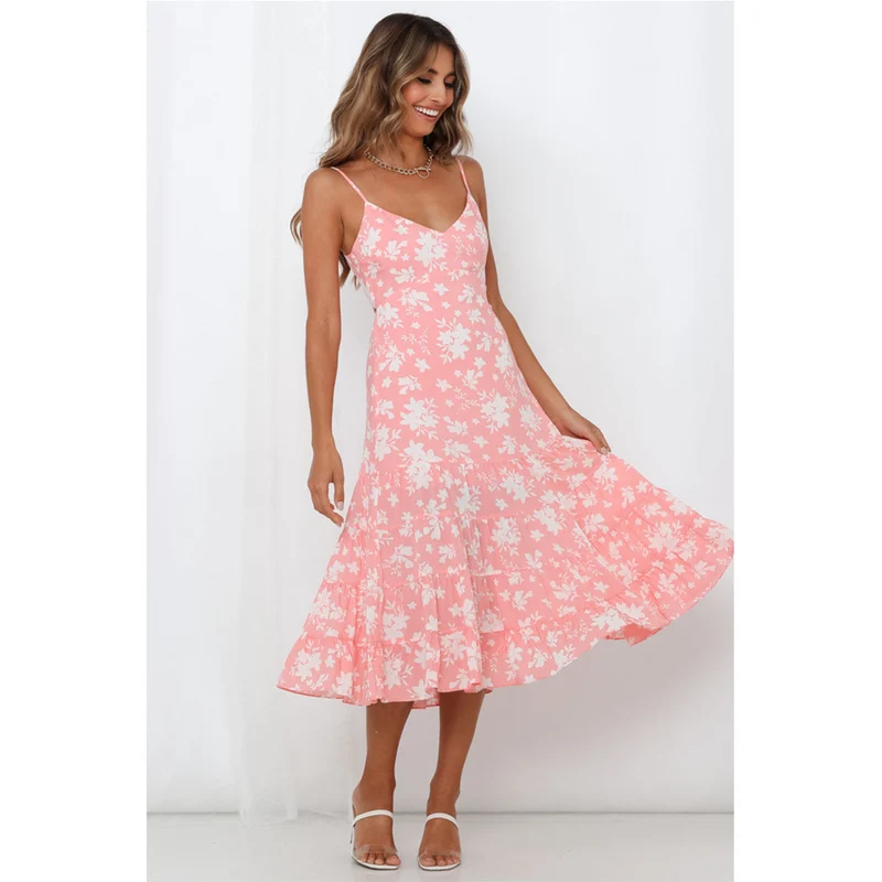 Damen Midi-Kleid mit floralen Rüschen und schwingendem Rock Nord Taschen