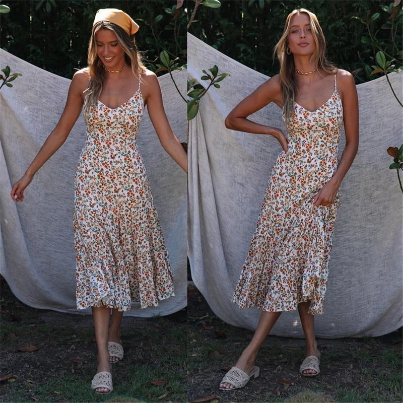 Damen Midi-Kleid mit floralen Rüschen und schwingendem Rock Nord Taschen