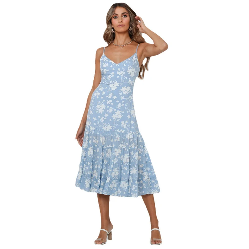 Damen Midi-Kleid mit floralen Rüschen und schwingendem Rock Nord Taschen