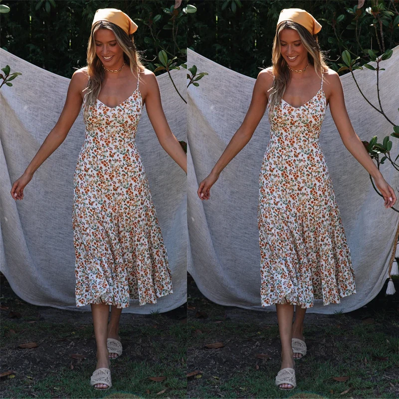 Damen Midi-Kleid mit floralen Rüschen und schwingendem Rock Nord Taschen