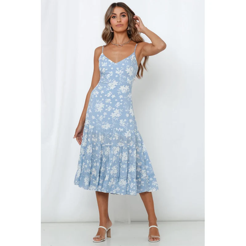 Damen Midi-Kleid mit floralen Rüschen und schwingendem Rock Nord Taschen