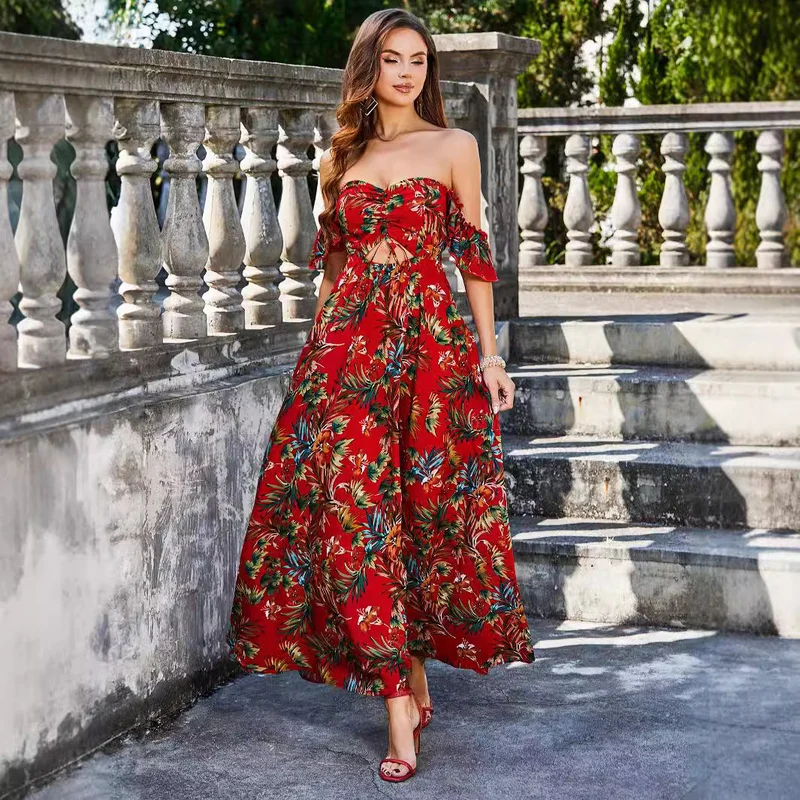Damen Maxikleid mit schulterfreiem Design und floralem Druck Nord Taschen