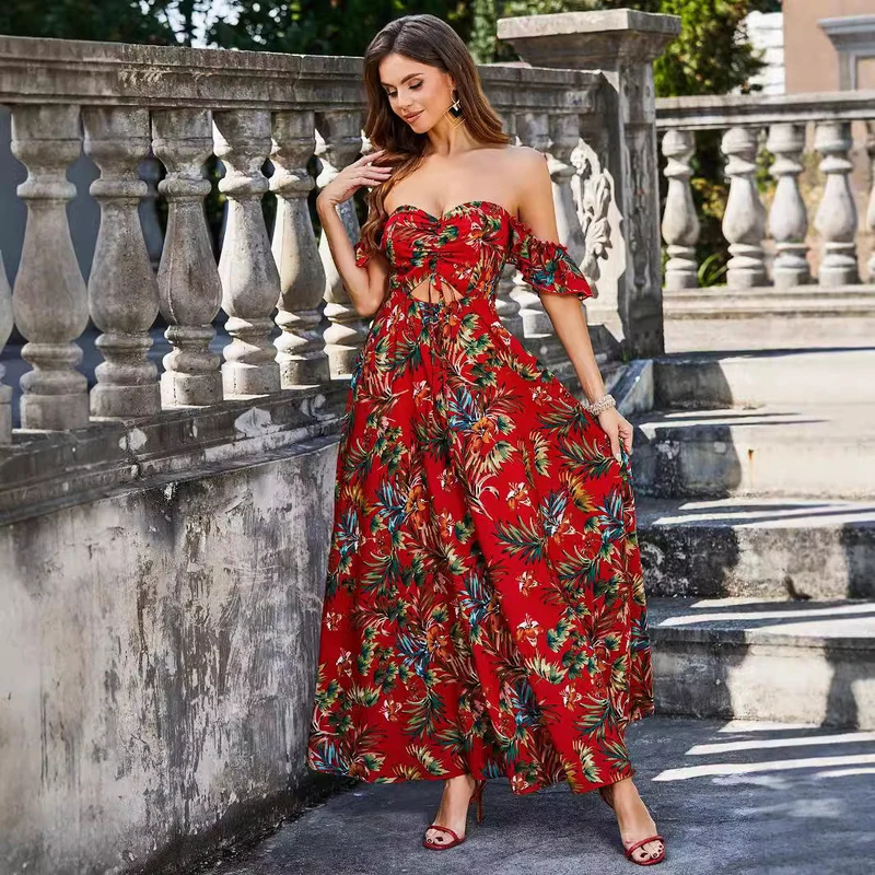 Damen Maxikleid mit schulterfreiem Design und floralem Druck Nord Taschen