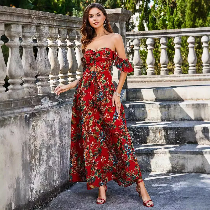 Damen Maxikleid mit schulterfreiem Design und floralem Druck Nord Taschen