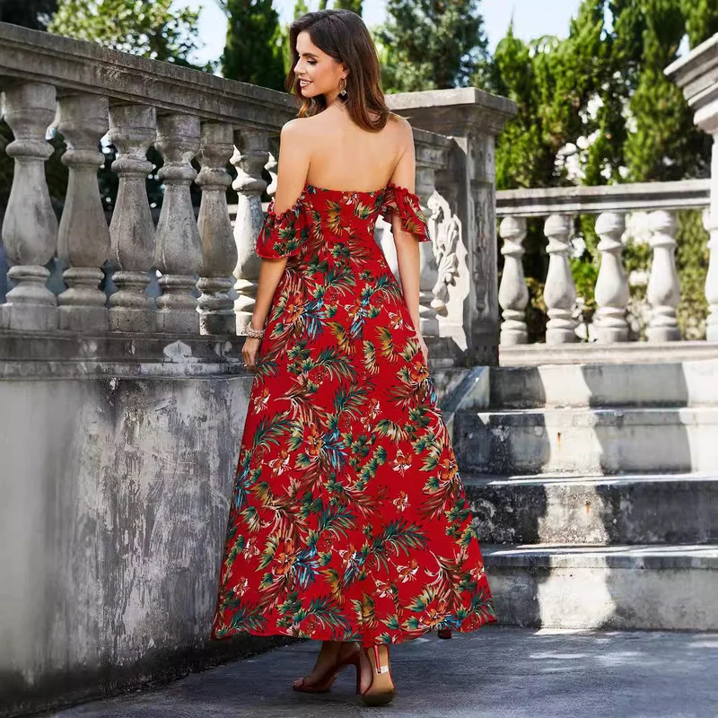 Damen Maxikleid mit schulterfreiem Design und floralem Druck Nord Taschen