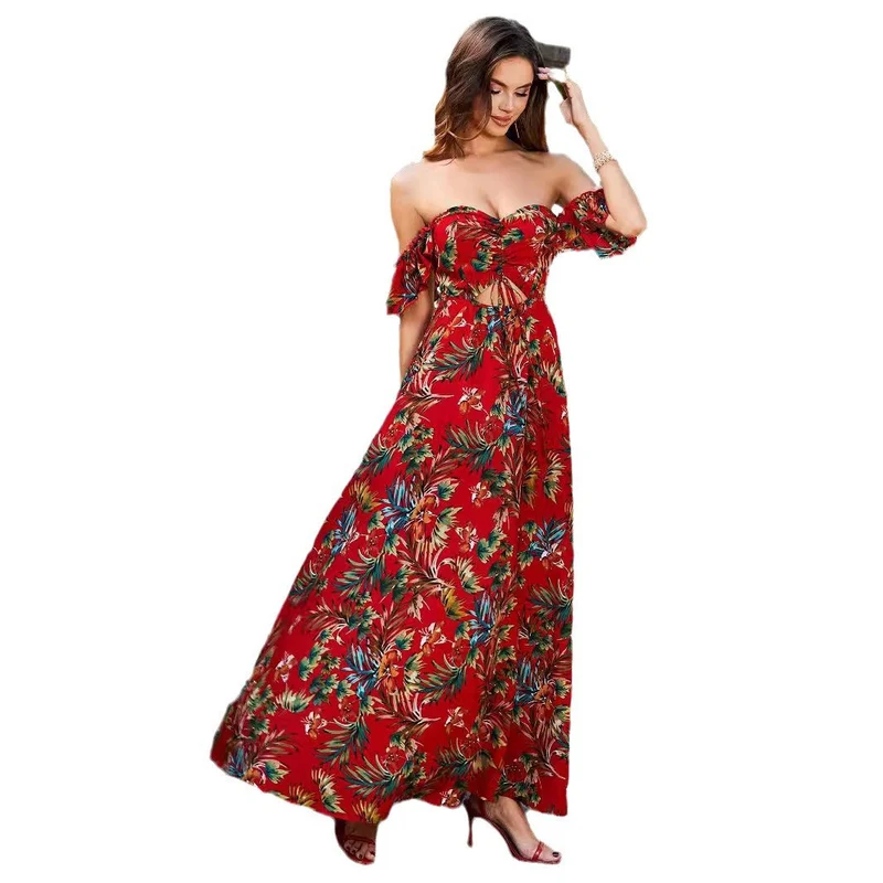 Damen Maxikleid mit schulterfreiem Design und floralem Druck Nord Taschen