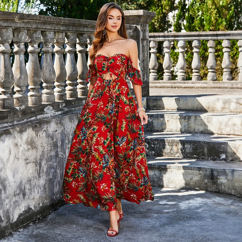 Damen Maxikleid mit schulterfreiem Design und floralem Druck Nord Taschen