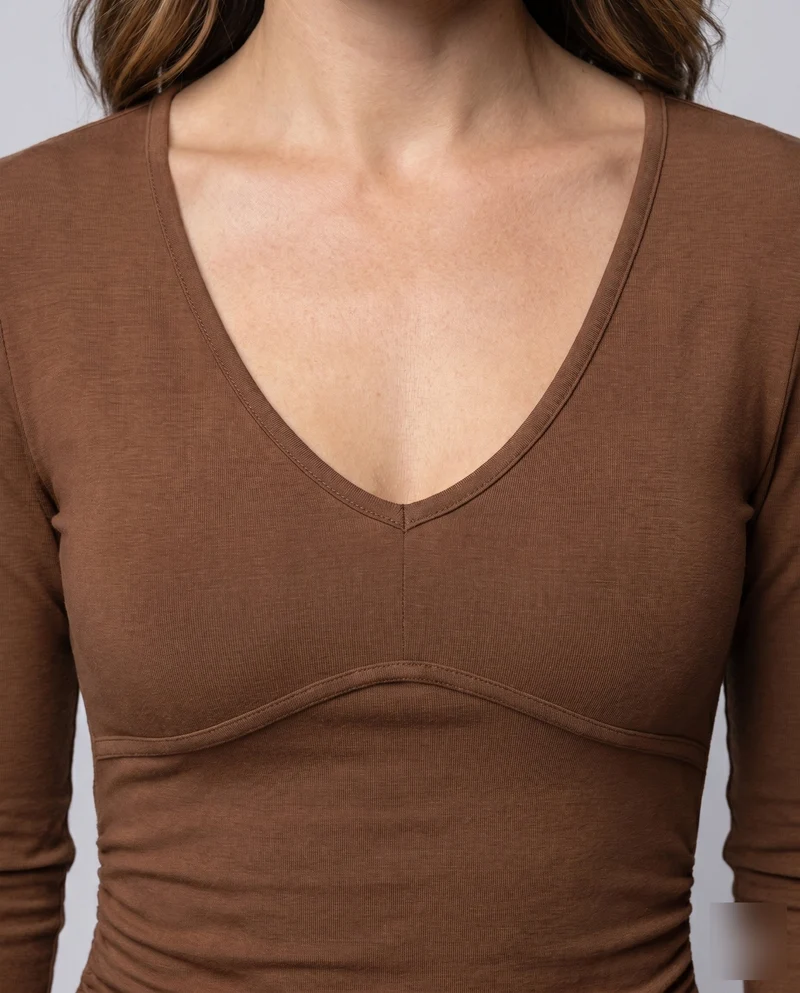Damen figurbetontes Minikleid mit langem Arm und V-Ausschnitt