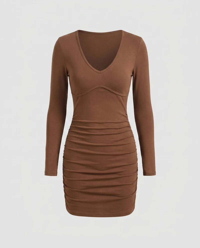 Damen figurbetontes Minikleid mit langem Arm und V-Ausschnitt