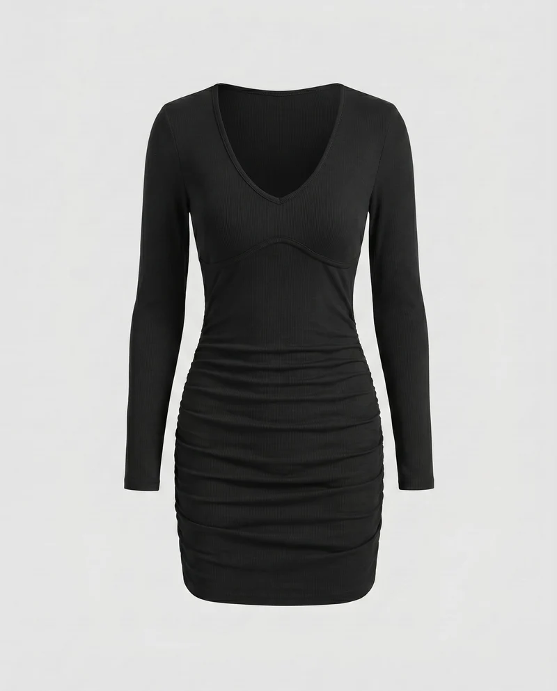 Damen figurbetontes Minikleid mit langem Arm und V-Ausschnitt