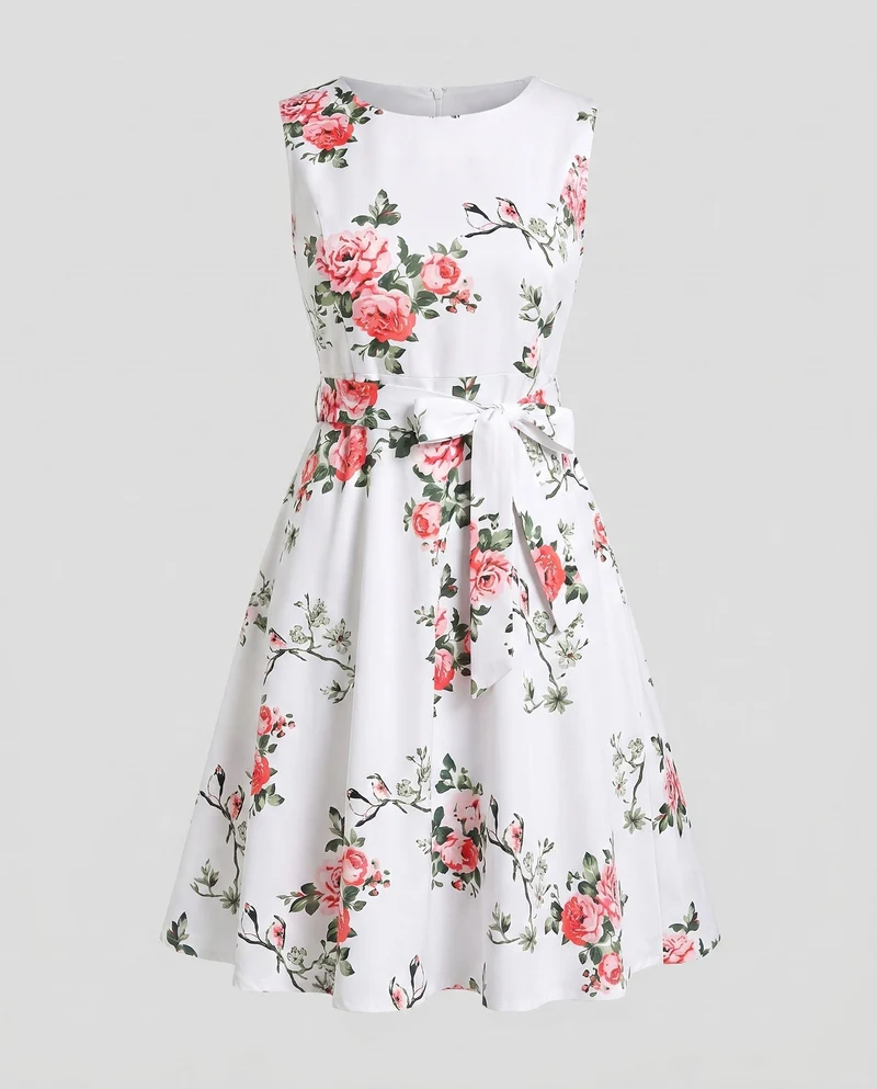 Damen Elegantes Kleid mit floralem Design und Taillengürtel