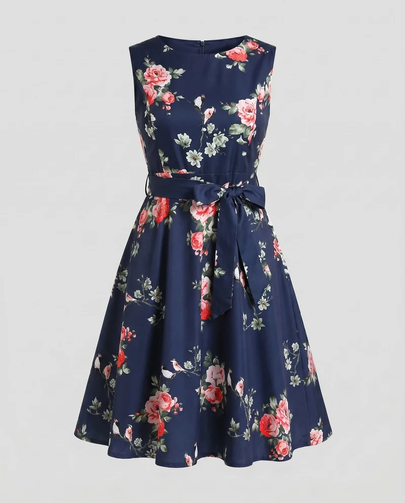 Damen Elegantes Kleid mit floralem Design und Taillengürtel