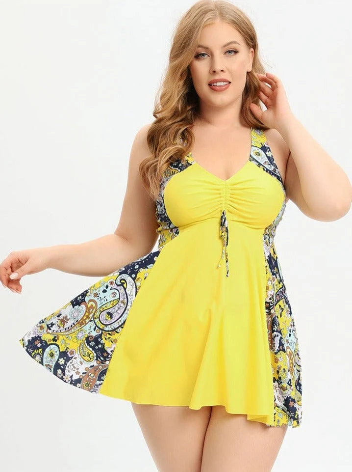 Plus Size V-Ausschnitt Badeanzugkleid mit Kreuzträgern