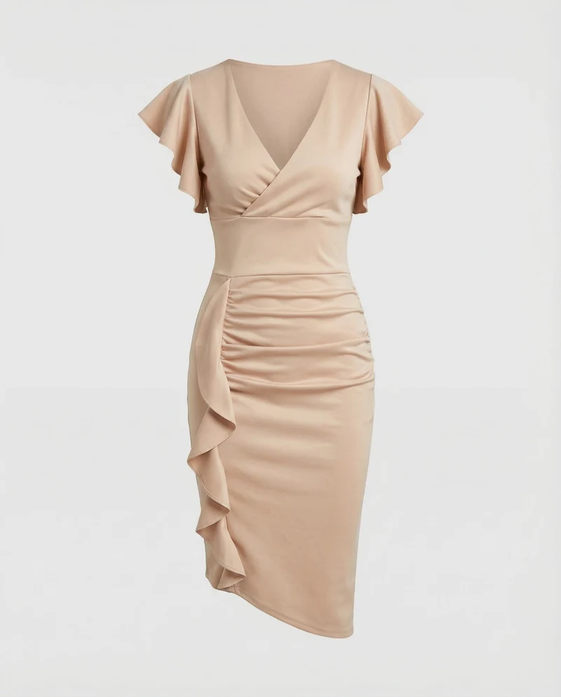 Damen nan tailliertes Wickel-Midikleid mit V-Ausschnitt Volantärmeln und seitlicher Drapierung