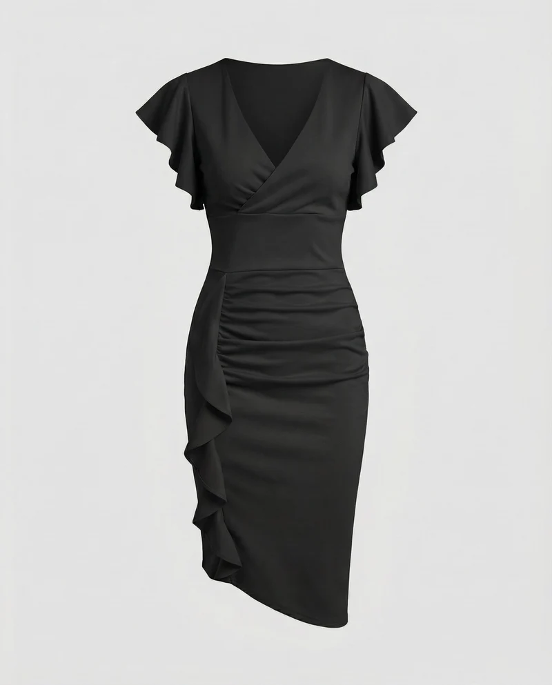 Damen nan tailliertes Wickel-Midikleid mit V-Ausschnitt Volantärmeln und seitlicher Drapierung