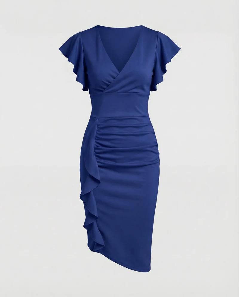 Damen nan tailliertes Wickel-Midikleid mit V-Ausschnitt Volantärmeln und seitlicher Drapierung