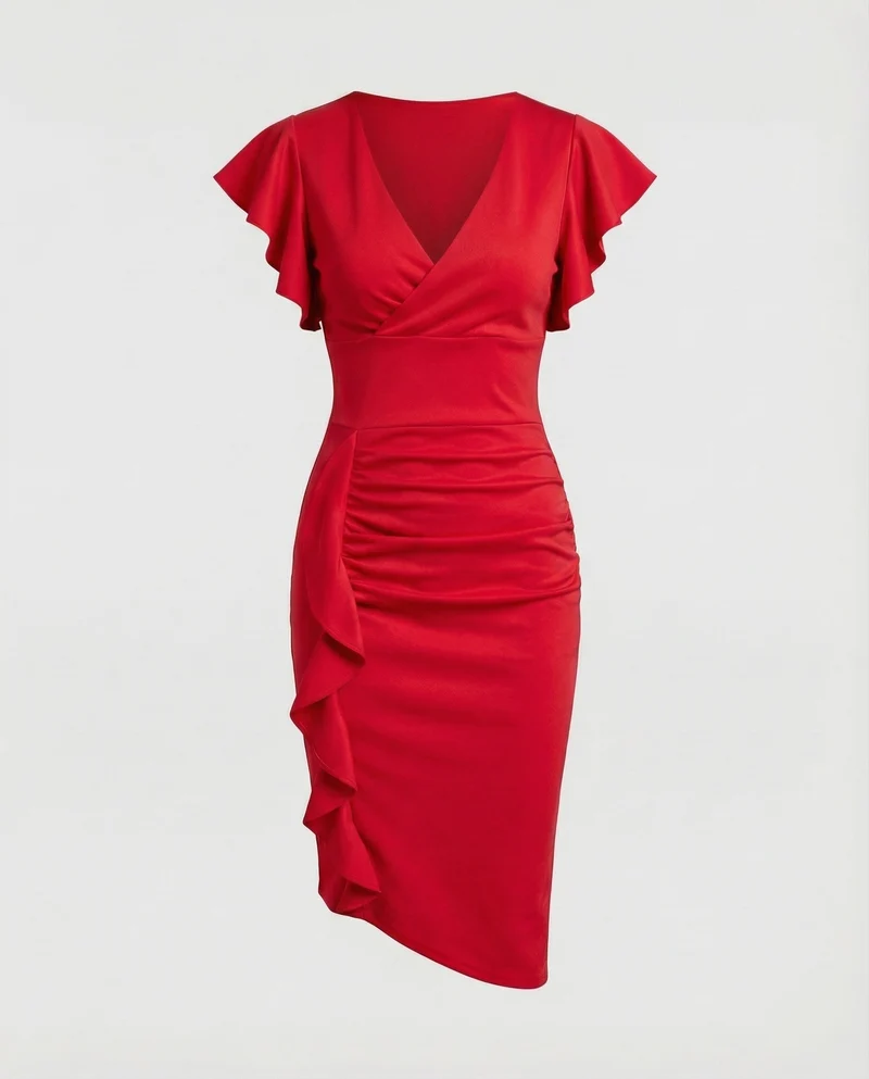 Damen nan tailliertes Wickel-Midikleid mit V-Ausschnitt Volantärmeln und seitlicher Drapierung