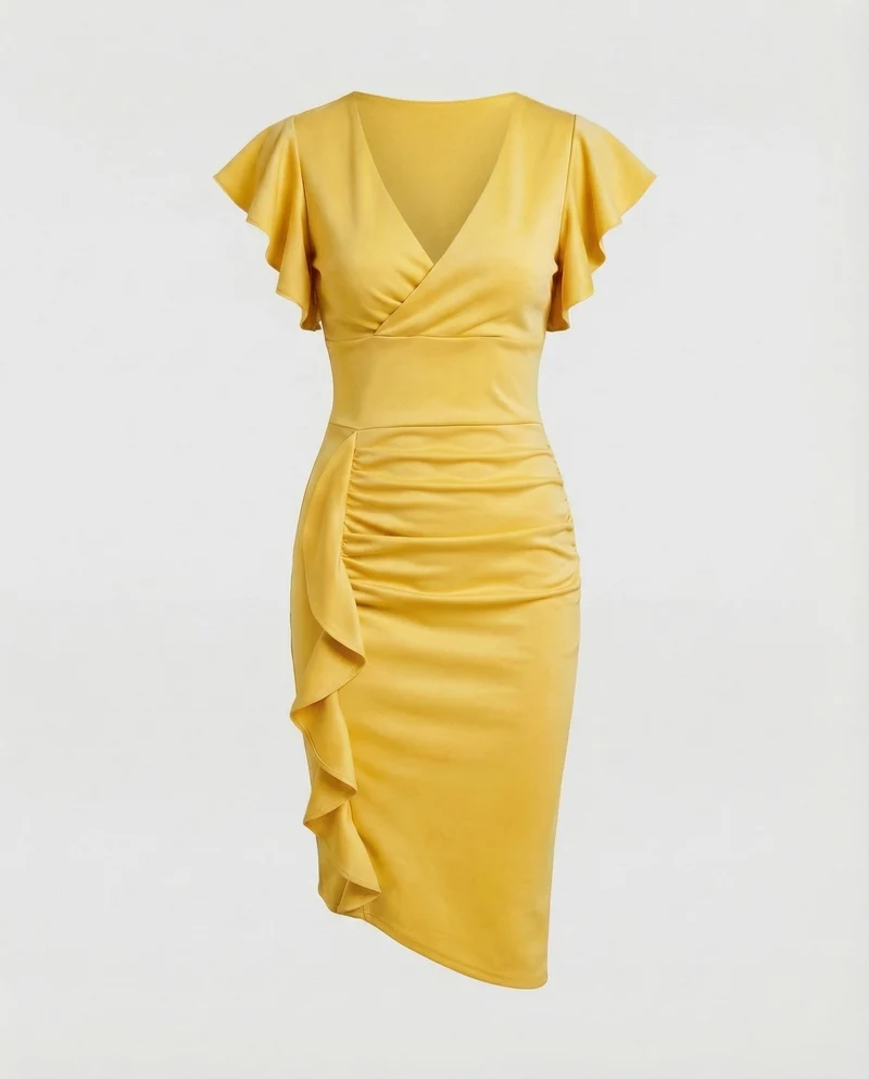 Damen nan tailliertes Wickel-Midikleid mit V-Ausschnitt Volantärmeln und seitlicher Drapierung
