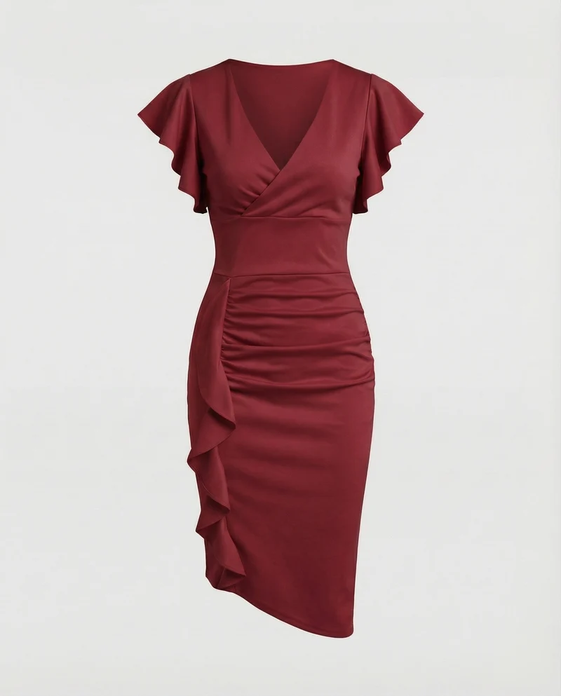 Damen nan tailliertes Wickel-Midikleid mit V-Ausschnitt Volantärmeln und seitlicher Drapierung
