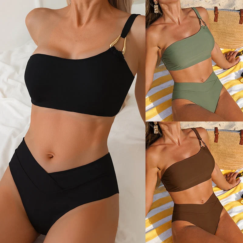 Damen Hochtailliertes Bikini-Set mit asymmetrischem Oberteil