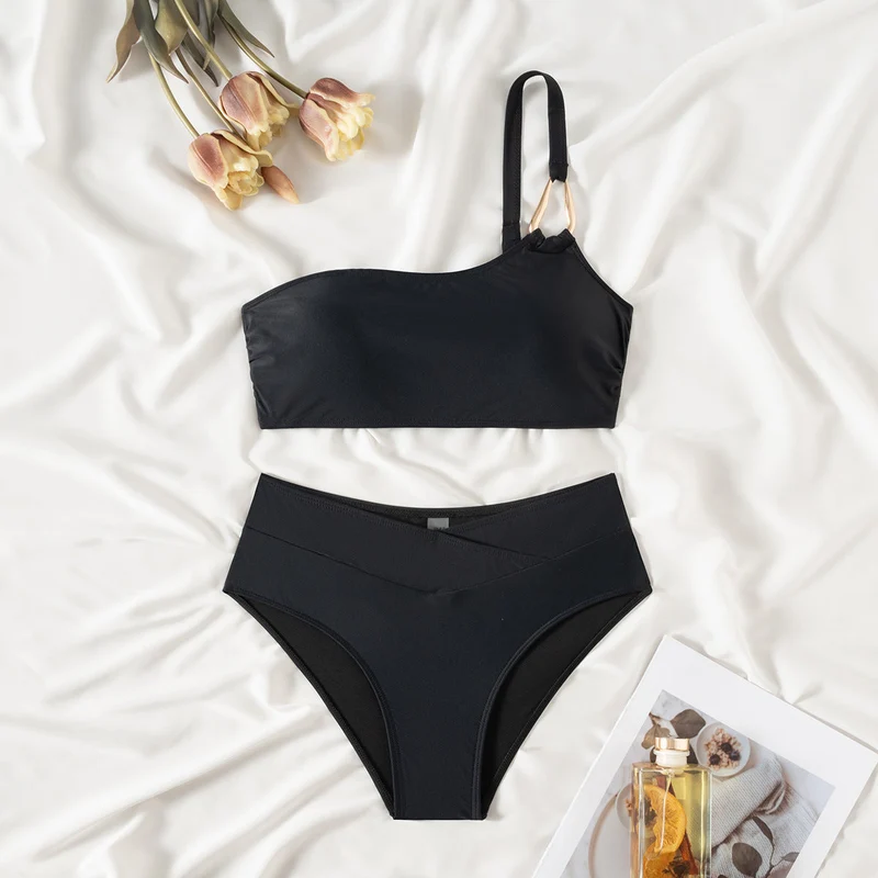 Damen Hochtailliertes Bikini-Set mit asymmetrischem Oberteil