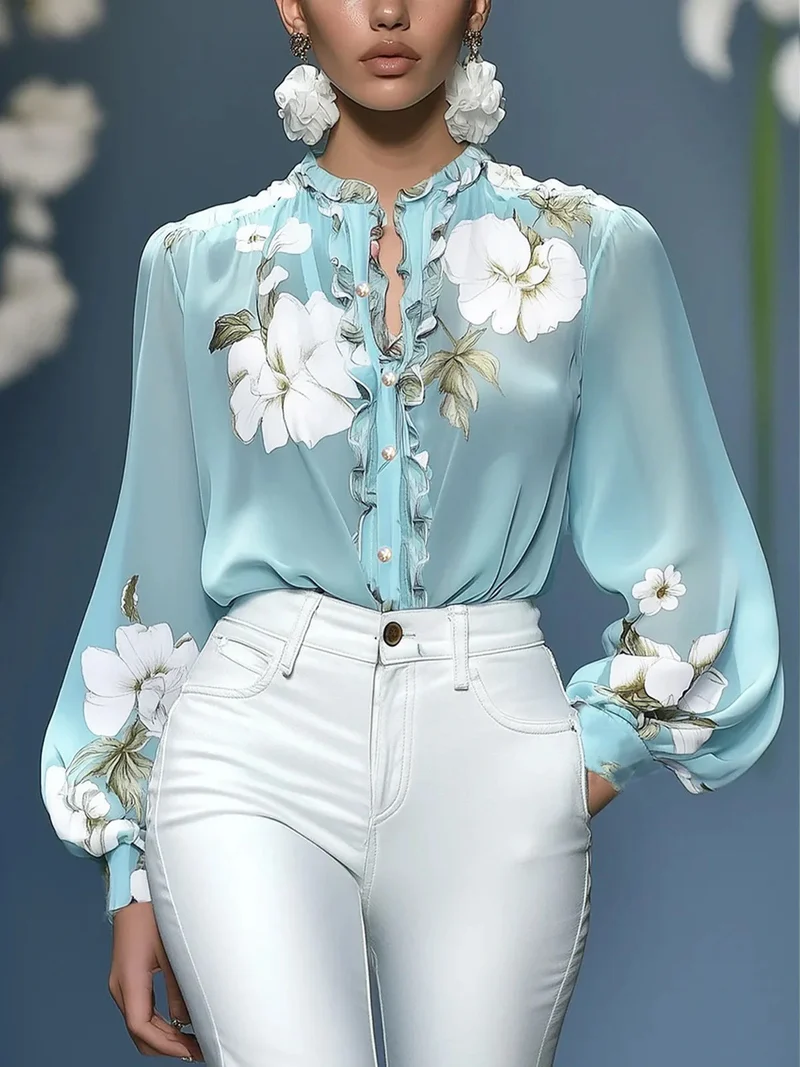 Damen Bluse mit floralem Design und Rüschen Nord Taschen