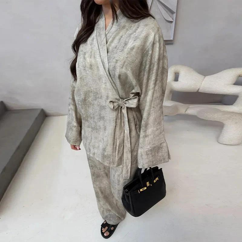 Damen Leichtes Loungewear Set mit Wickeljacke und weiten Haremshosen