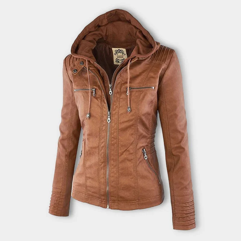 Doppellagige Lederjacke mit Kapuze - Warmer und Stilvoller Damenmantel - Arvani