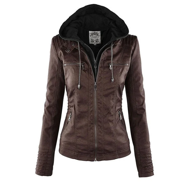 Doppellagige Lederjacke mit Kapuze - Warmer und Stilvoller Damenmantel - Arvani
