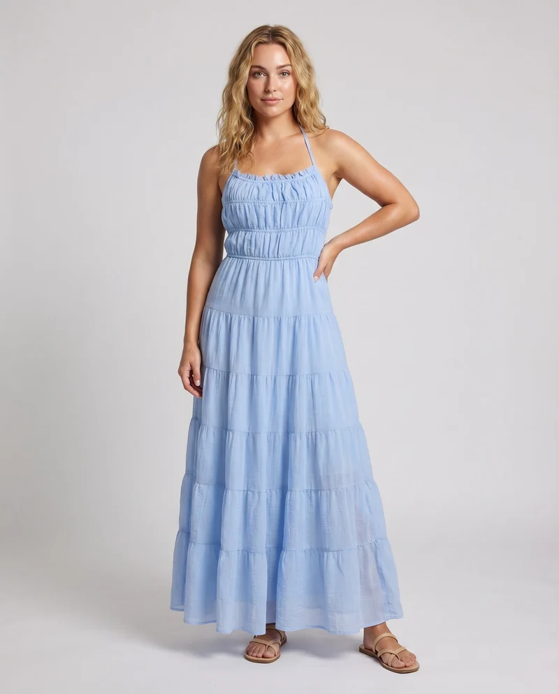 Damen Chiffon-Maxikleid Smokoberteil Rüschenkante Stufenvolant