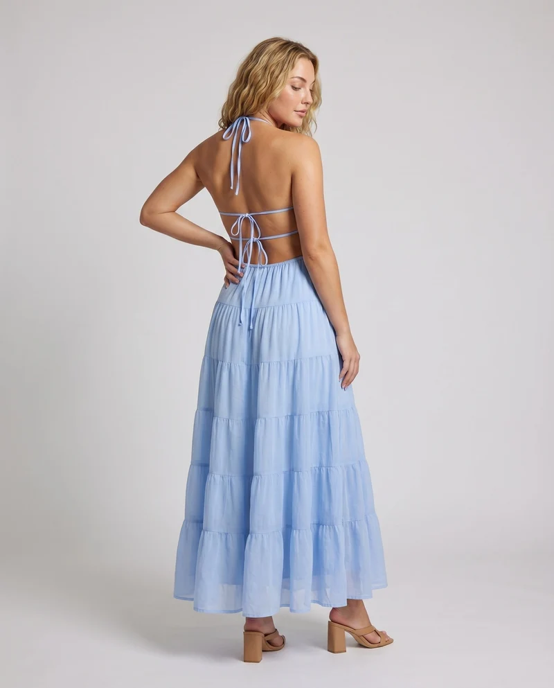 Damen Chiffon-Maxikleid Smokoberteil Rüschenkante Stufenvolant