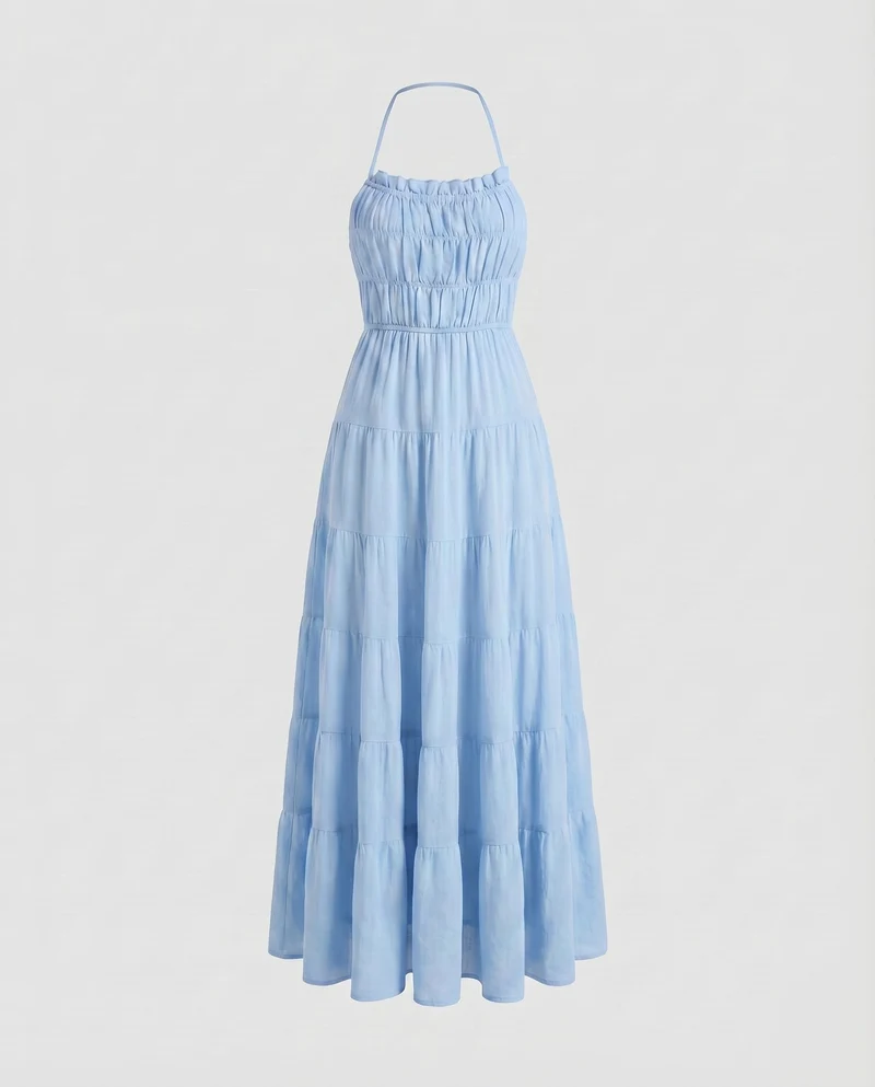 Damen Chiffon-Maxikleid Smokoberteil Rüschenkante Stufenvolant