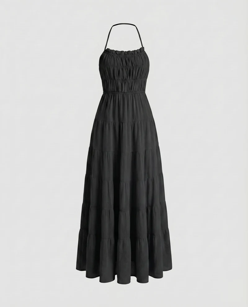 Damen Chiffon-Maxikleid Smokoberteil Rüschenkante Stufenvolant